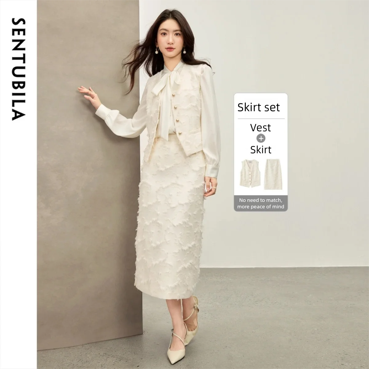 

SENTUBILA Two-piece Set Solid Vest Skirts Sets V Neck Single Tops Midi A-Line Skirt Fashion Office Lady Suit 153ZA2076