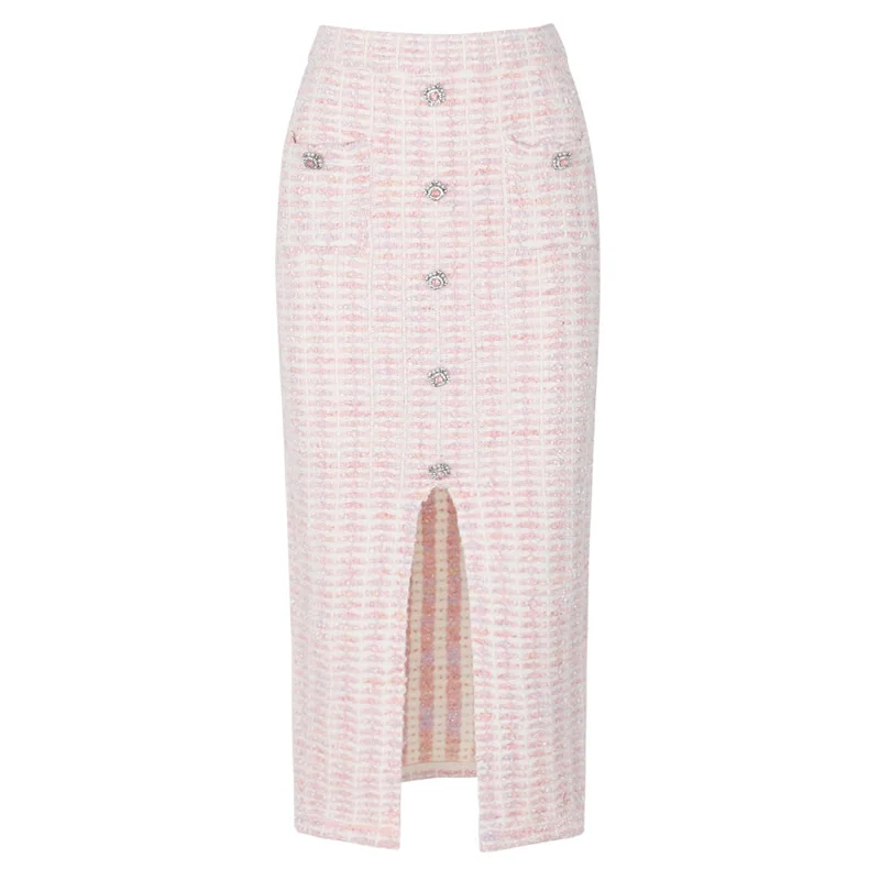 Women Knitting Skirt Pink Button Lady's Skirt