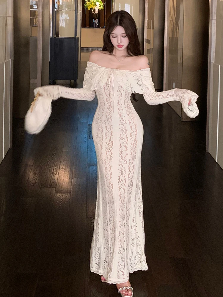 Französisch Retro One-schulter Spitze Ausschnitt Design Ausgestellte-hülse Kleid Für Frauen Herbst High-end-Luxus Schlank party Abendkleid Robe