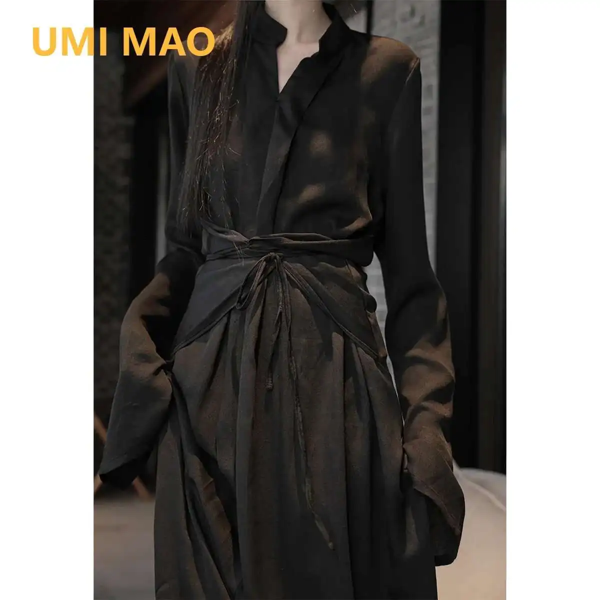 

UMI MAO Mid Length Dress Elegant Chinese Style Stand Up Neck Flare Sleeves Wrap Waist Show Slim Black Drop Zen Dresses Women's