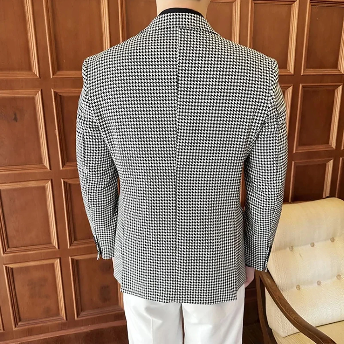 Setelan pernikahan kasual Pria Houndstooth kerah Peaked pengantin pria pakaian bisnis Tuxedo 2 potong jaket celana dibuat sesuai pesanan