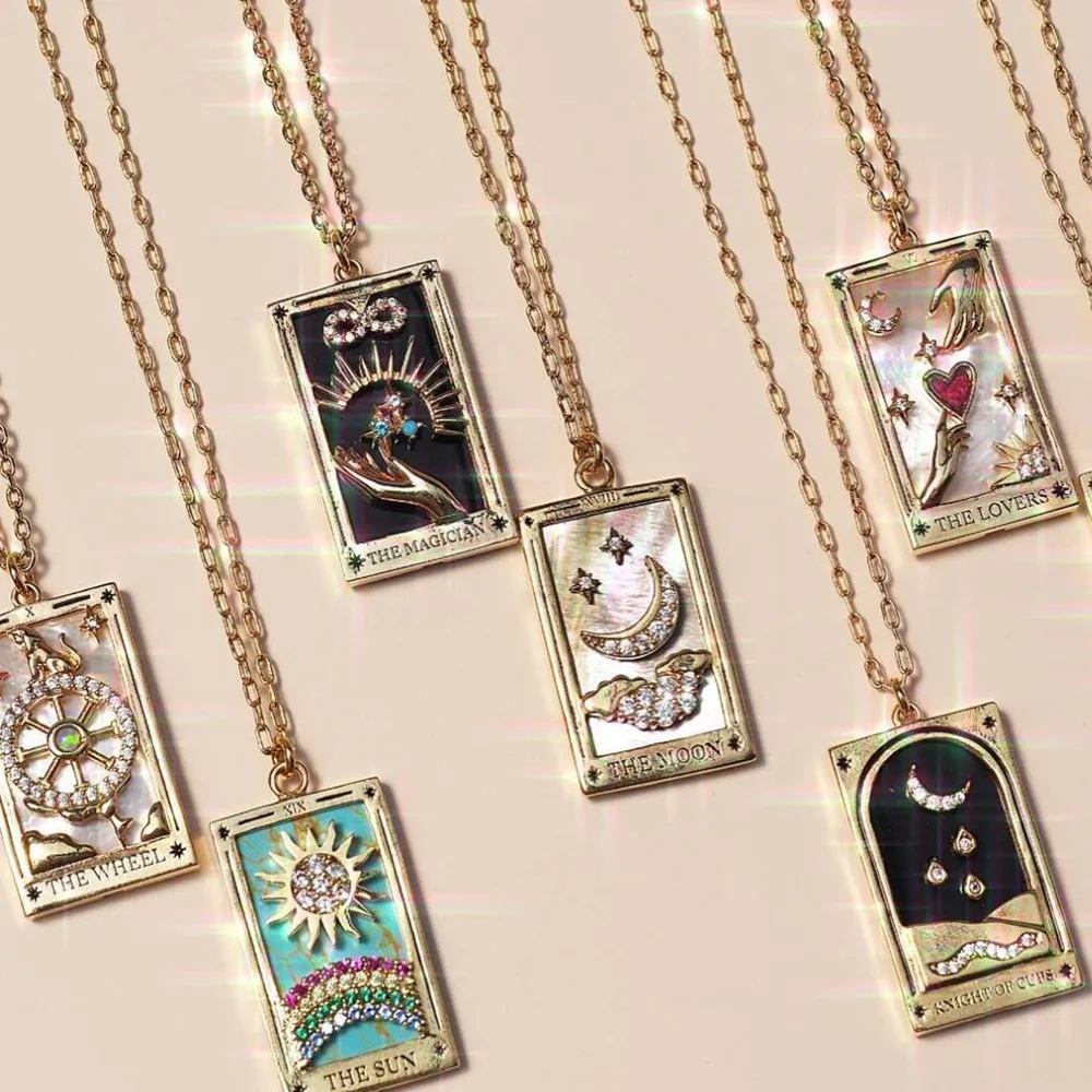 Enamel Tarot Necklace Star Moon Sun Lovers Magician Strength Rectangular Antique Pendants Best Friend Necklaces Gifts for Her