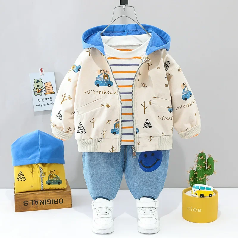 0-4 years old autumn new fashion cute car baby suit boys and girls long-sleeved striped three-piece children\'s sports suit