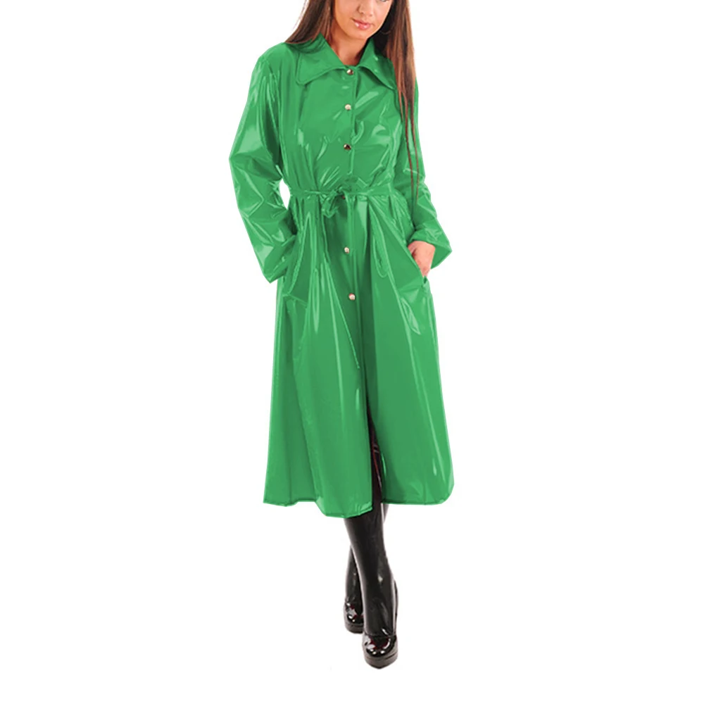 Women\'s PU Leather Turn-Down Collar Midi Trench, Shiny Faux Leather, Button-Up, Long Sleeve Dress Coats with Belt, Sexy Wet Look