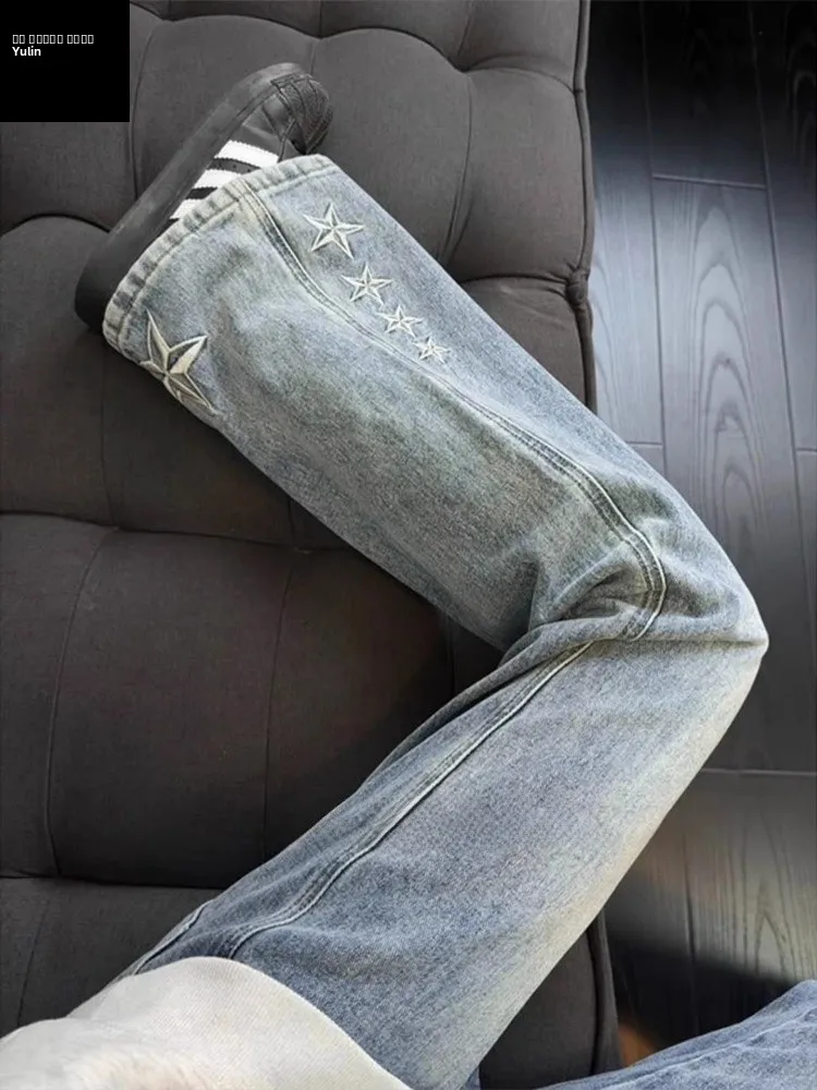 

Джинсы Bla Star Embroidery Knife, зауженные, с высокой талией, в американском уличном стиле, на подкладке, прямые, с легким расклешением