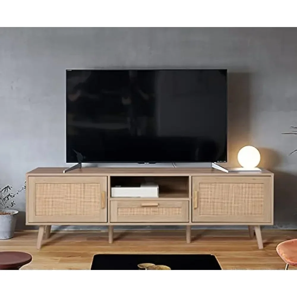 59 Inch TV Stand for Up to 65 Inch Televition, TV Console With 2 Rattan Decor Doors, Living Room TV Table With Storage, Natural