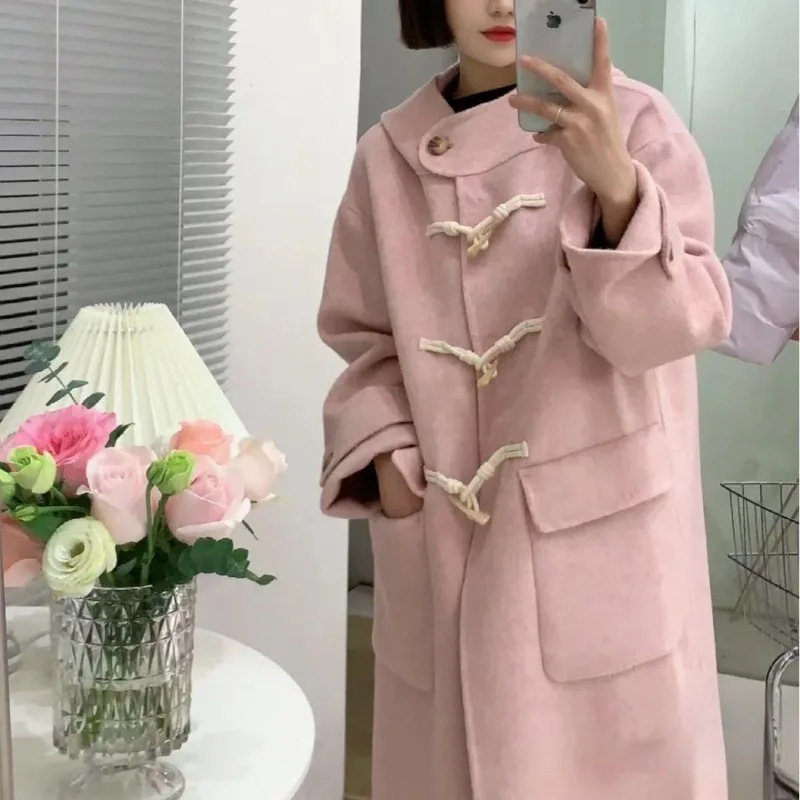 

Wool Women Pink Sweet Autumn Winter Loose Warm Blends Students Hooded Outerwear Korean Trendy Leisure Popular Vitality Unique