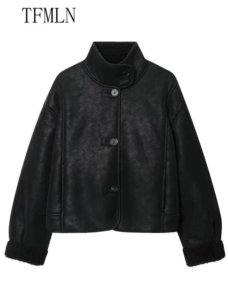 High street mulheres jaquetas de pelúcia de couro falso 2025 moda inverno único breasted casacos soltos retro gola outwear