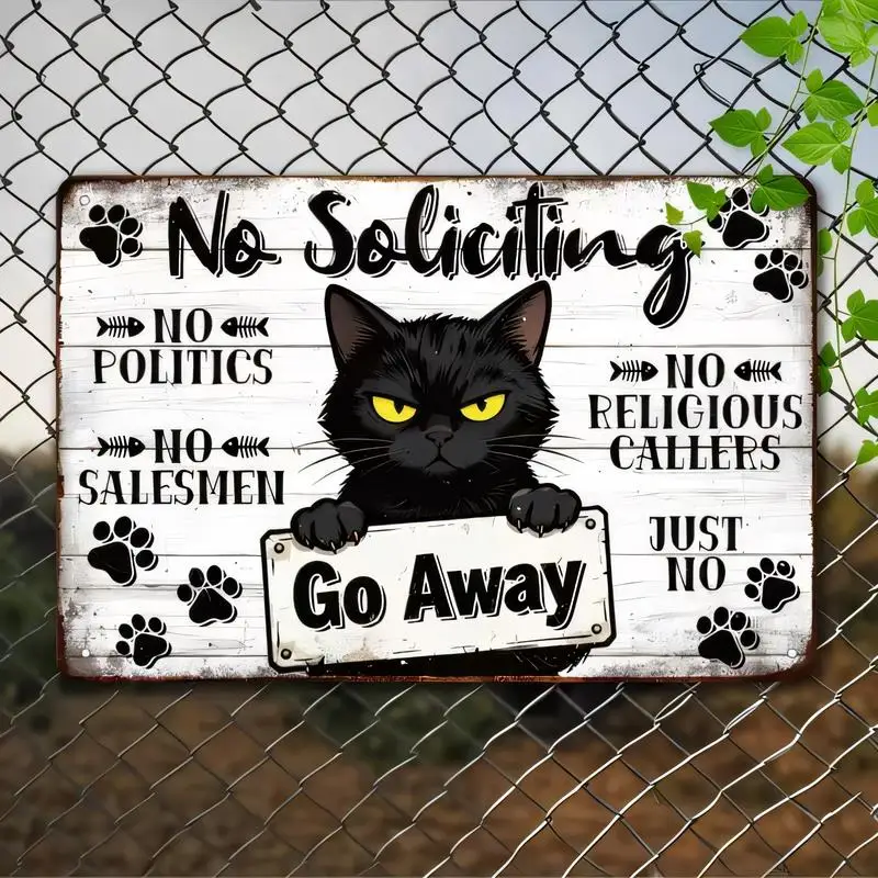 Vintage Distressed Metal Tin Sign, Black Cat Yellow Eyes Go Away No Soliciting Design, Retro Iron Wall Art for Home Garden Fence