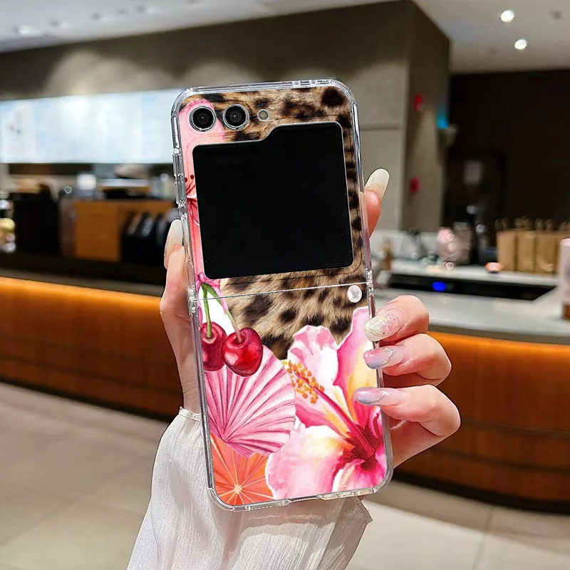 Retro Pink Hibiscus Flower Leopard Print Phone Case for Samsung Galaxy Z Flip 7 Flip6 5 4 3 5G Folding Cover for Z Flip7 Flip 5