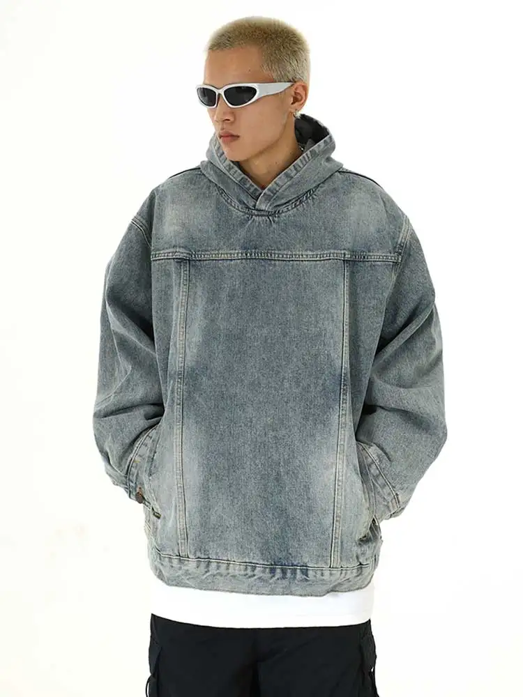 REDDACHiC Blue Wash Denim Hooded Hoodies Men Pockets Patchwork Vintage Long Sleeves Casual Pullover Sweatshirt Hiphop Streetwear