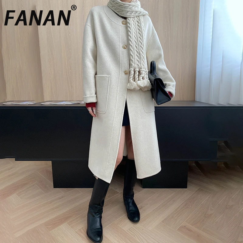 

FANAN Luxury Knitting Scarf Collar Design Wool Coats Women's Single Breasted Thick Warm Outwear Office Lady Clothing Winter New