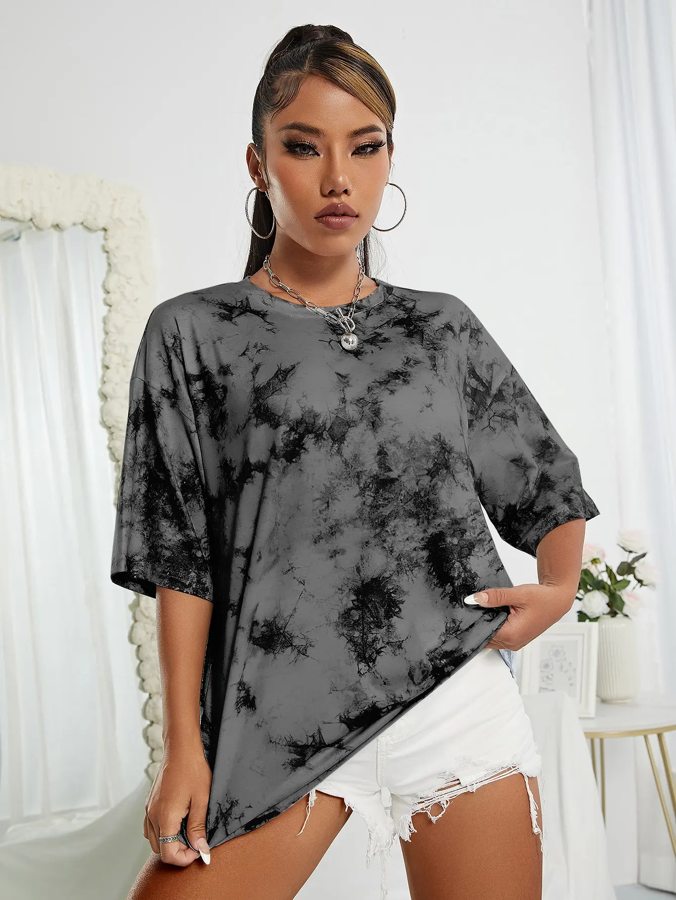 Western cowboy hat and boot pattern women's T-shirt fashionable casual short sleeved daily street round neck oversized women top
