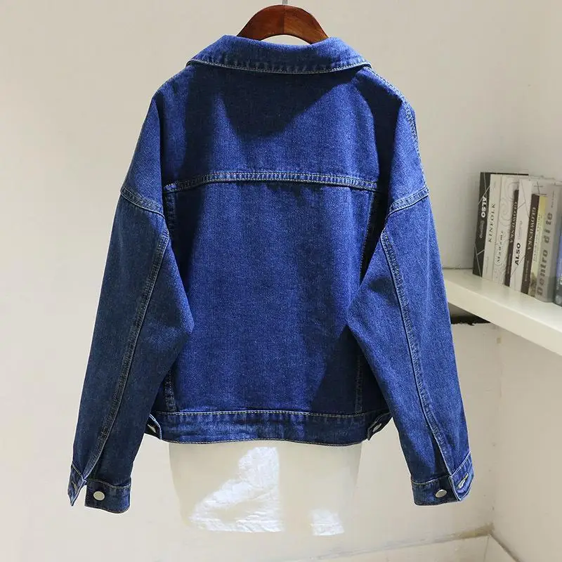 

Vintage Women short Denim Jacket Spring Autumn new fashion big Pocket Single Breasted Lapel jeans Coat Female loose Outwear XQ9