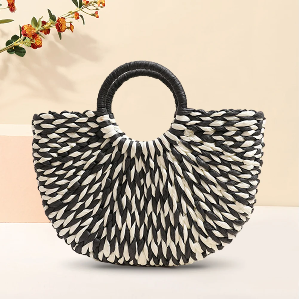 Hand-Woven Bag Summer Color Clash Weaving Tote Bag Large Capacity Semicircle Women's Fashion Handbag Ladies Beach Top-Handle Bag