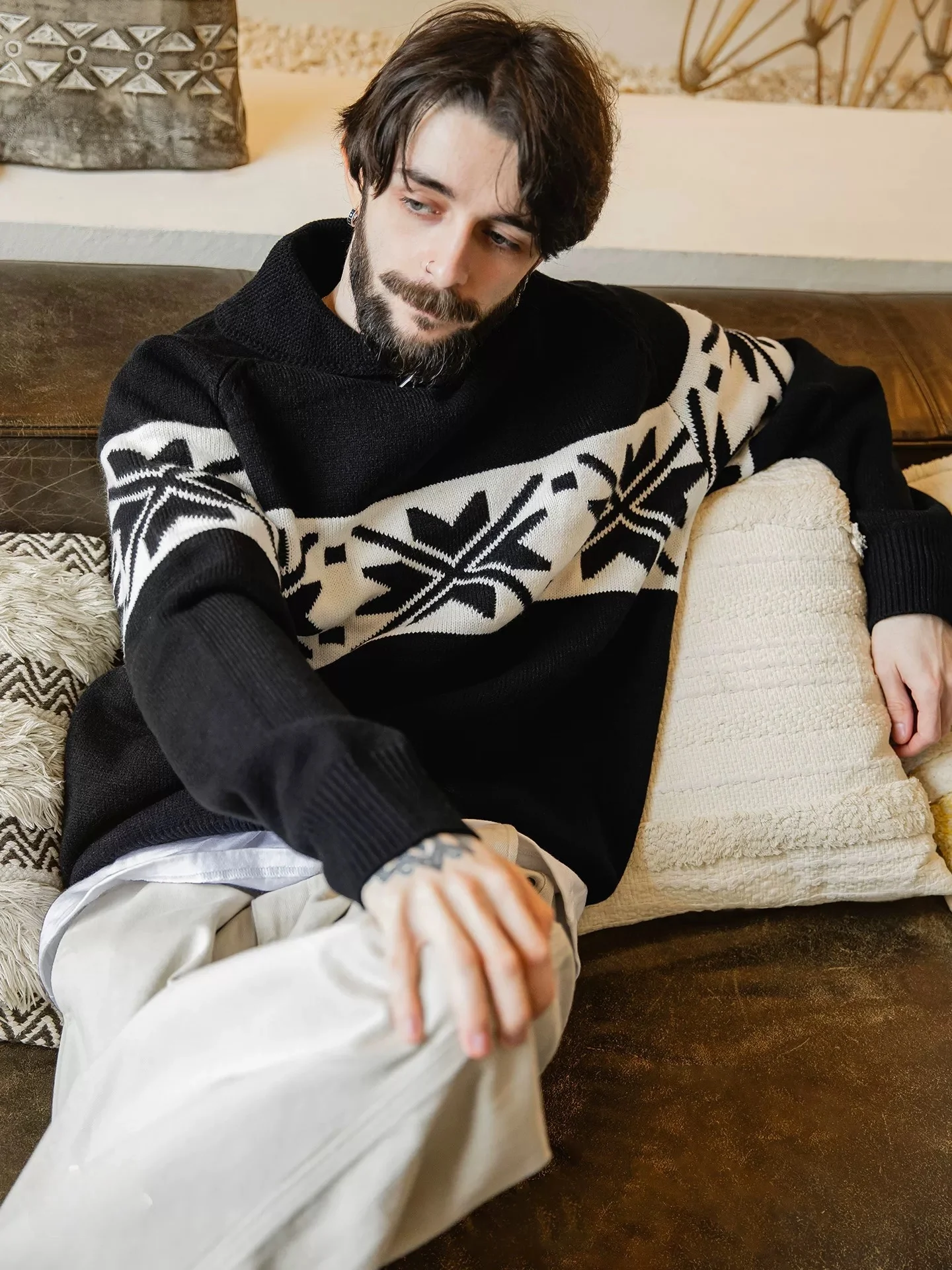 

MRA Men's Fair Isle Knitwear Woolen Simulation Snowflake Pattern Warm Winter Long Sve Casual Sle Loose Fit Faionable C...