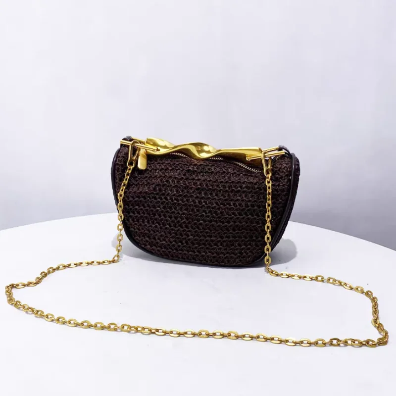 

Brand Rattan Handbag Metal Handle Wovenbag Exquisite Texture Eveningbag Casual Holiday Beachbag Luxury Chain Zipper Crossbodybag