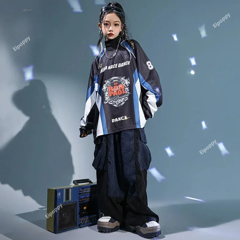 Girls Hip Hop Contrast Top Patchwork Cargo Pants Boys Streetwear Sweatshirt Kids Street Dance Clothes Sets Children Jazz Costume