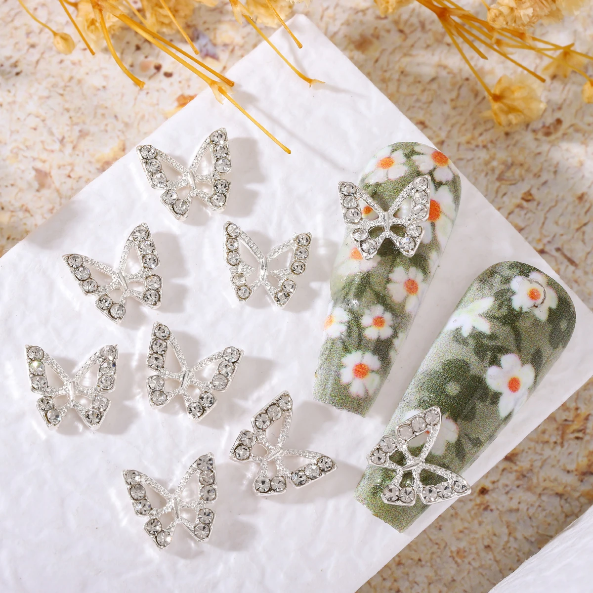 10 pcs/ bag Silver alloy butterfly nail rhinestone patch stereo hollow butterfly nail metal diamond, rhinestone nail accessories