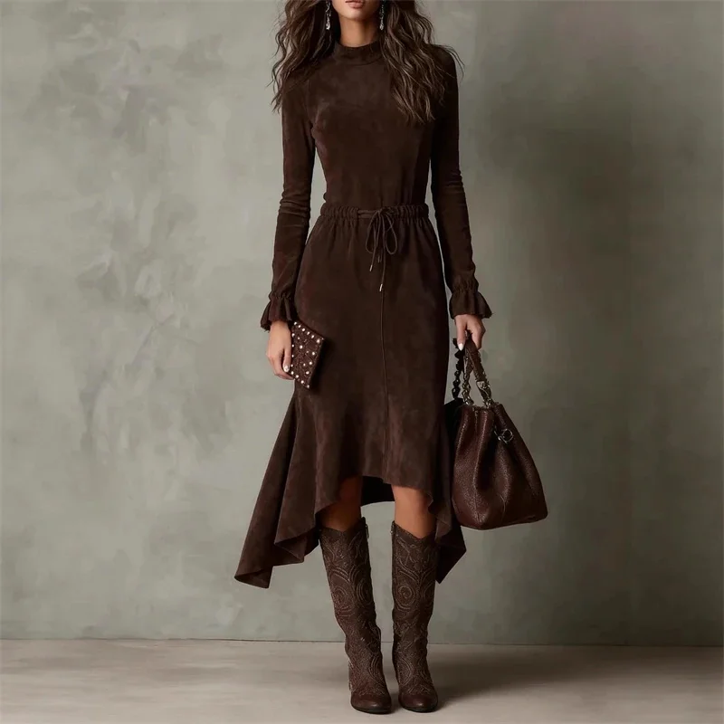 

Однотонное замшевое платье макси с длинными рукавами и завязкой на эластичной талии, круглый вырез, элегантный уличный шик для женщин, офисная вечеринка