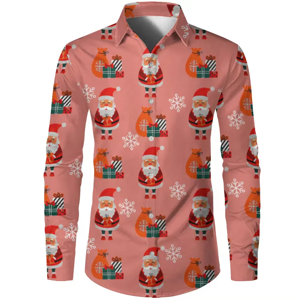Cartoon Santa Printed Men's Long Sleeve Shirt City Street Fashion Men's Shirt Casual Snowman Shirt