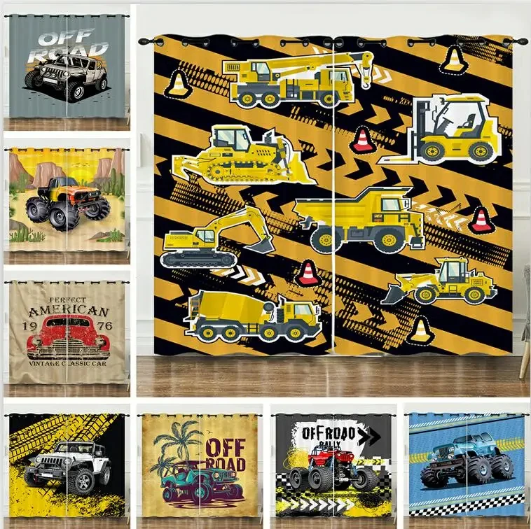 Kids Cartoon Train Car Curtains Boys Construction Vehicles Style Window Curtain for Teens Bedroom,Living Room,Home Decor 2Panels