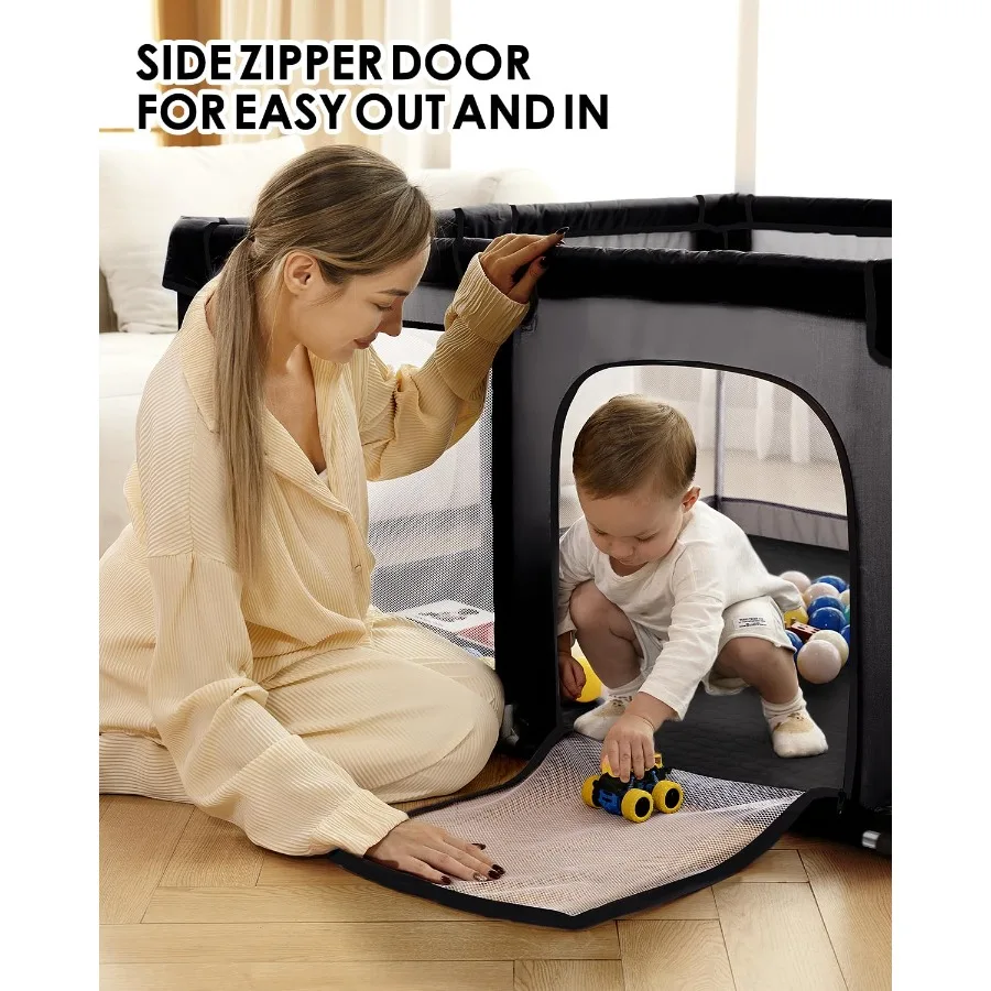 Baby Playpen with Non Removable Mat, Extra Large Play Yard for Babies & Toddlers, Portable Travel Playpen (Black 50"×50")