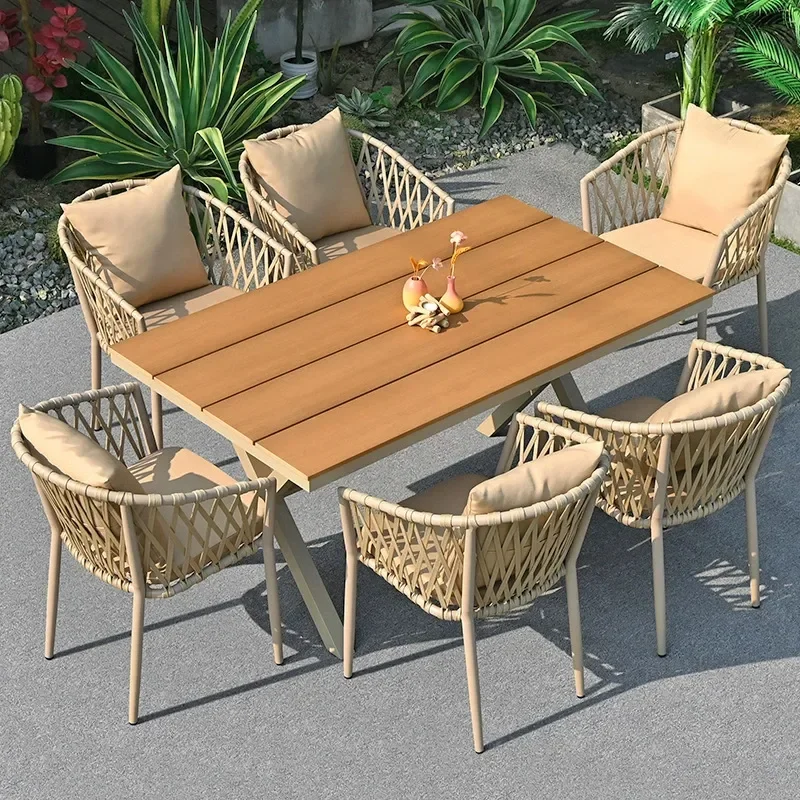 for Nordic Outdoor Tables and Chairs Courtyard Open Air Leisure Waterproof Sunscreen Garden Aluminum Alloy Plastic Wood