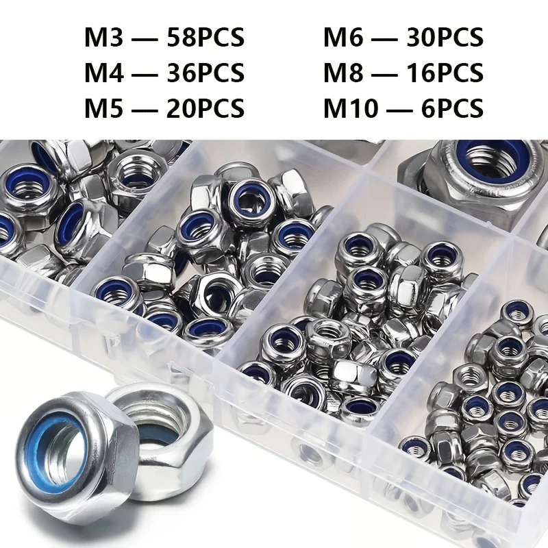 6 Sizes Nylon Insert Lock Nuts M3 M4 M5 M6 M8 M10, Zinc Plated Hex Self-Locking Nuts, Anti-Loose Corrosion Resistant Fasteners