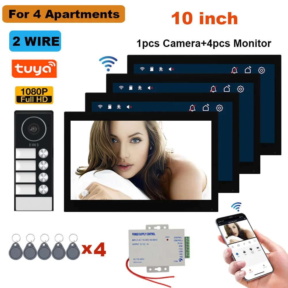 

2 Wire 1080P WiFi Tuya Smart Video Doorbell 10 inch LCD HD Doorphone Intercom RFID NFC APP Unlock for 2/3/4 Unit Home Apartments