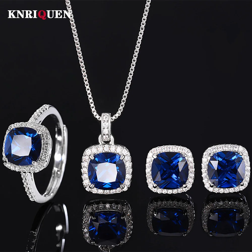 

Vintage Square 8*8mm Sapphire Gemstone Necklace Pendant Ring Earrings Party Fine Jewelry Set for Women Accessories Birtyday Gift