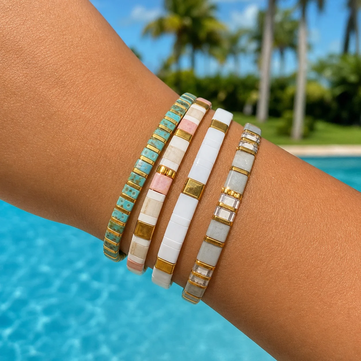 4pcs Geometric Glass Tile Beaded Bracelet Gold Color Accents Trendy Stackable Layered Look for Women Beach Style
