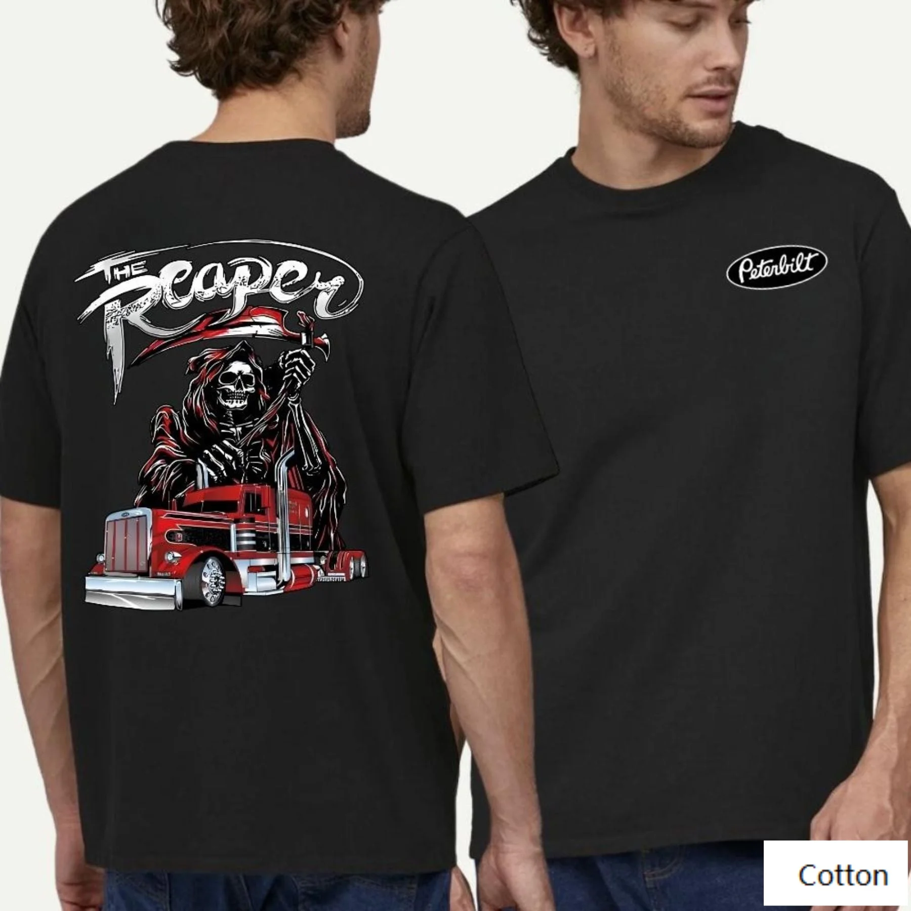 Peterbilt The Reaper Semi Truck Double Sided Graphic T Shirt, 100% Cotton Unisex, Trucker Streetwear, Peterbilt Fan Tee