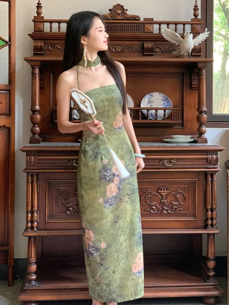 

Атласное платье-ципао Neline Dr Retro в китайском стиле, средней длины, для повседневной носки, с цветочным узором, из других материалов, 00%