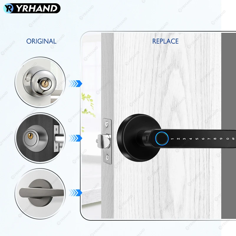 Yrhand tuya smart biometric handle ultra secure fingerprint lock with IC card password mechanical key unlocking for single handl