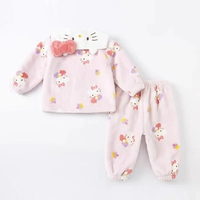 

Уютный зимний пижамный комплект Sanrio Hello Kitty из мягкого фланелевого кораллового флиса для девочек, домашняя одежда, пушистый и толстый, для малышей и детей постарше