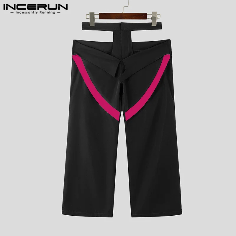Incerun calças compridas masculinas soltas colorblock 2025 casual bonito oco para fora calças estilo americano masculino calças de perna larga bottoms