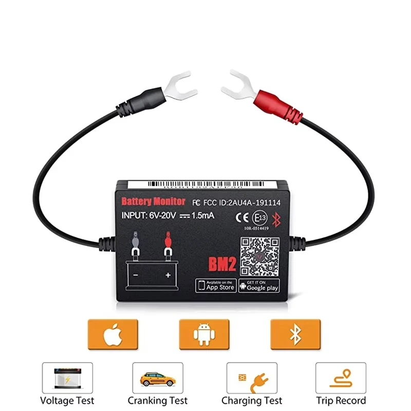 QUICKLYNKS BM2 Battery Tester with Bluetooth 4.0 for 12V Automobile Batteries Charging Test Diagnostic Analyzer Tools for