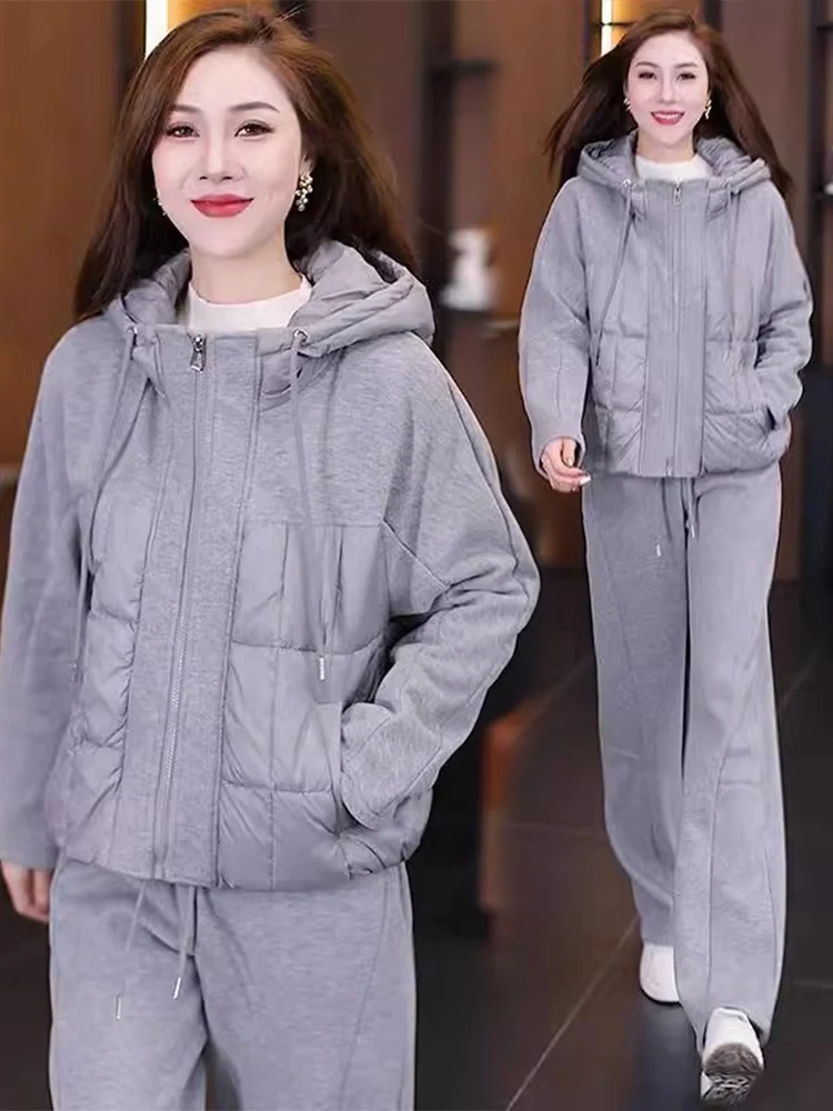 

Утепленный зимний спортивный костюм для женщин: повседневные широкие брюки и теплая хлопковая куртка с капюшоном и длинными рукавами, комплект из двух предметов