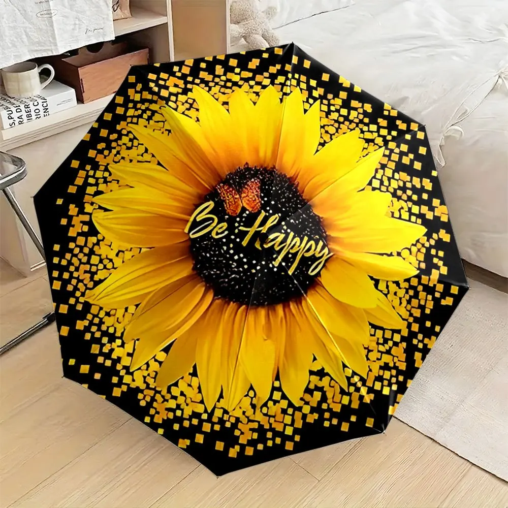 Automatic Open/Close Umbrella with Large Sunflower Design - Compact Folding Umbrella, 8-Rib Sturdy Frame, Yellow & Black Flora