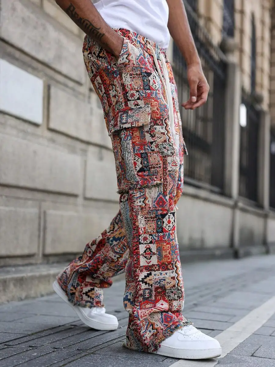 Mens Bohemian Geometric Print Cargo Pants With Raw Hem And Pockets Streetwear Flared Cut