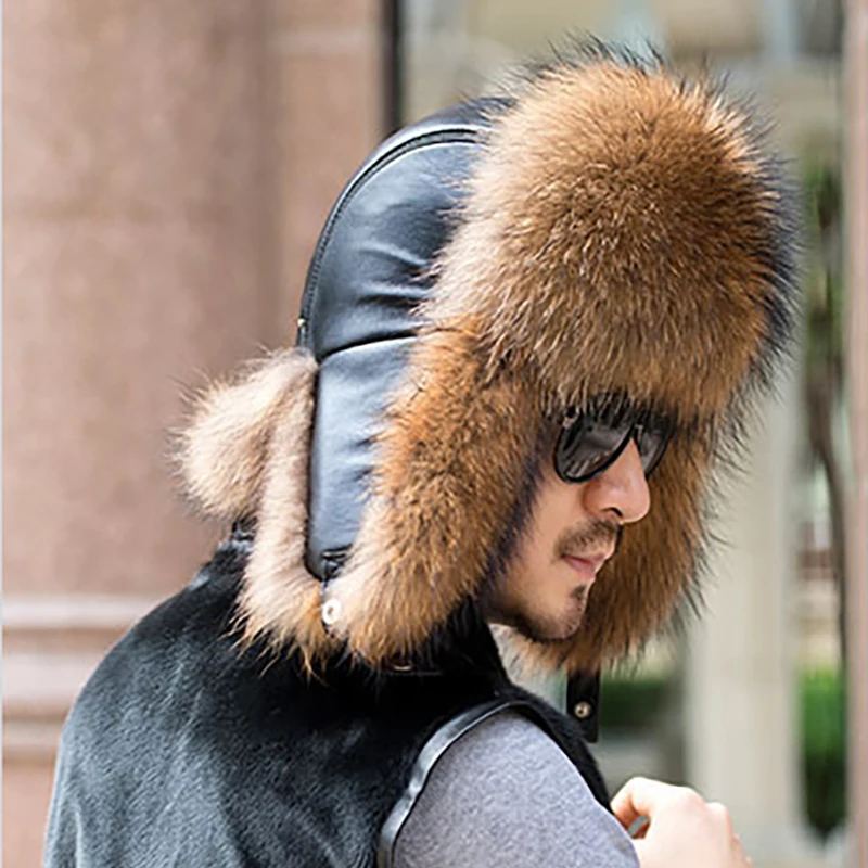 Inverno masculino 100% real prata pele de raposa bombardeiro chapéu de pele de guaxinim ushanka boné trapper homem russo chapéus de esqui bonés de couro real