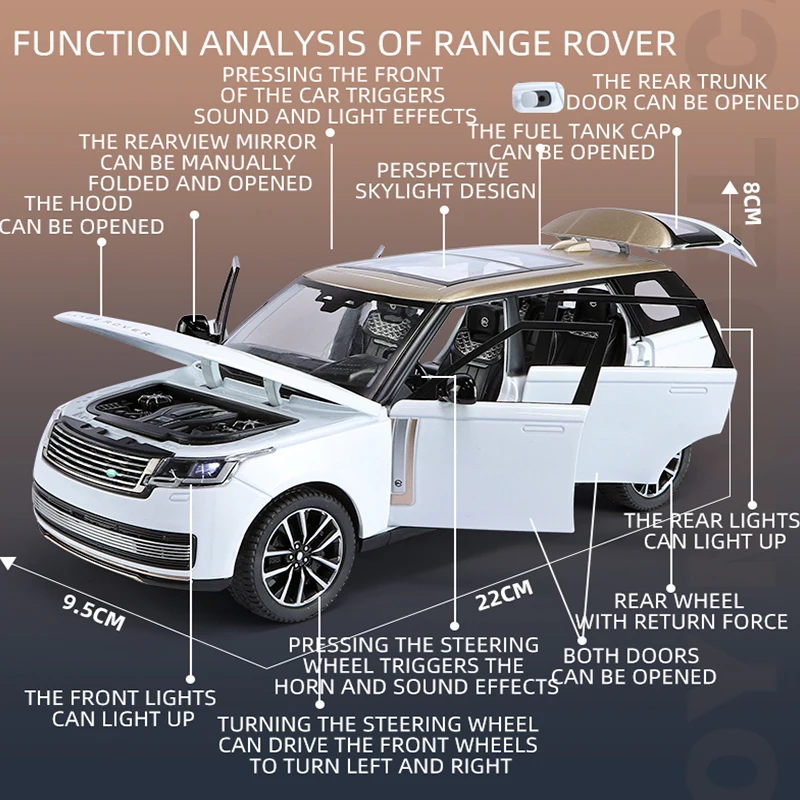 Range Rover SV2022 SUV Diecast Car Model, 1-24 Diecast Veículo Metálico, Coleção de Brinquedos em Miniatura, Puxar Luz, Som