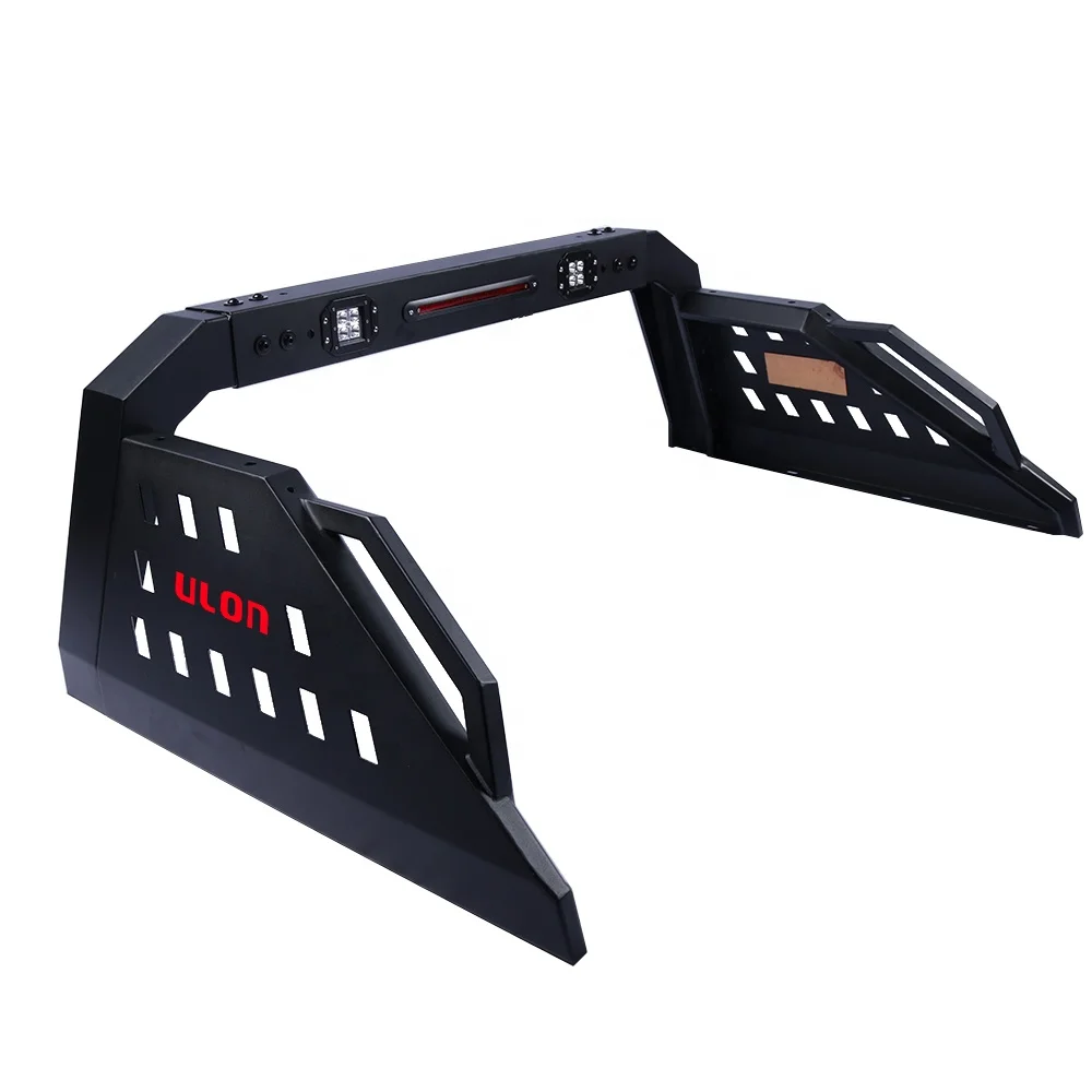 

Universal Adjustable Truck Bed Rack Roll Bar with Red Light & 2x LED Work Lamp Bar - Matte Black