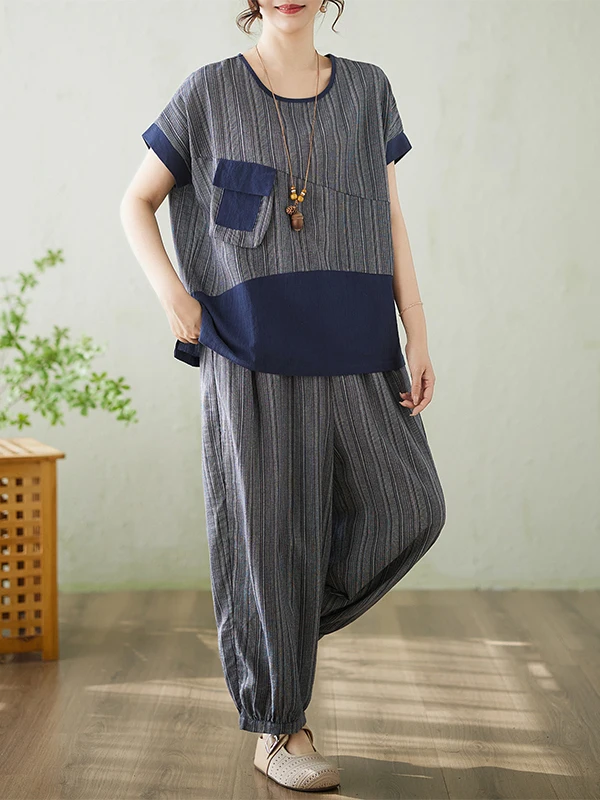 

Women's Cotton Linen Short Sleeve round Neck Two-Piece Set Summer Stripe Pattern 3D Pocket Fashionable Loose Fit Vintage Style