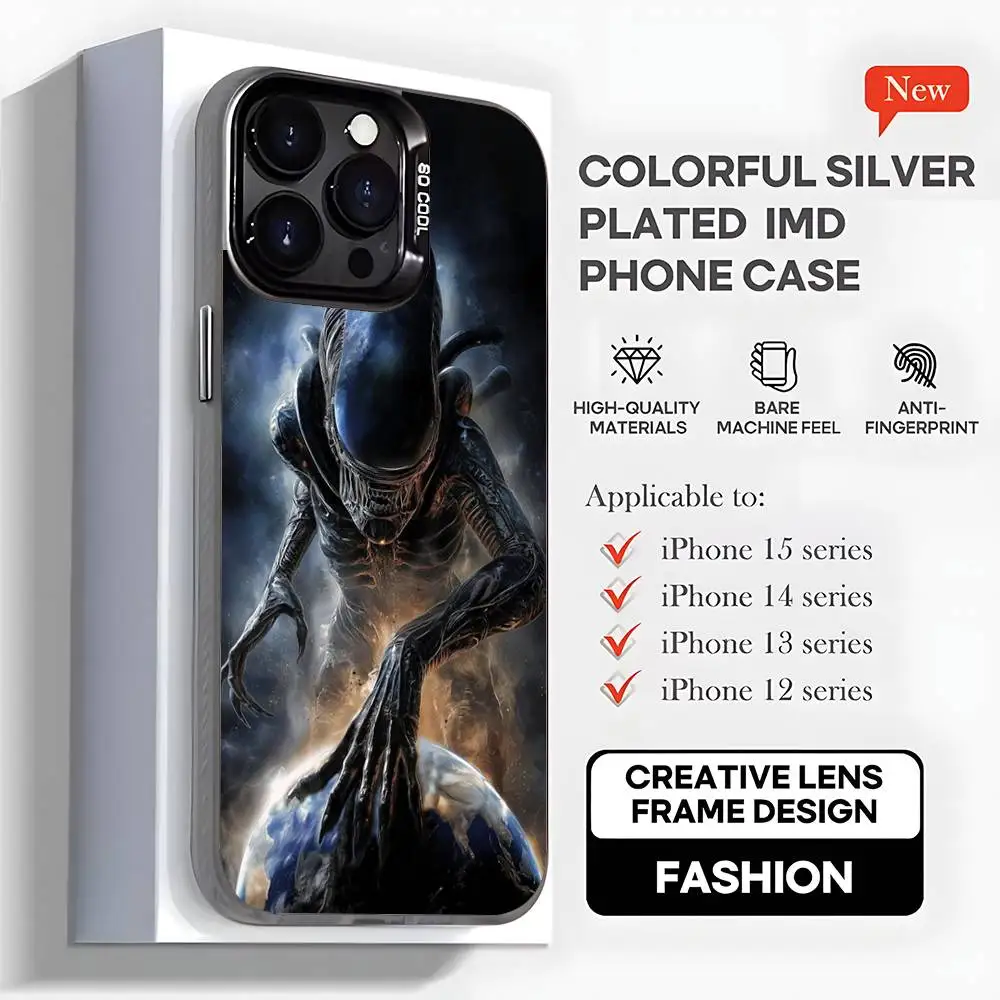 حافظة هاتف A-Alien E-Earth Xenomorph لهاتف iPhone17,16,15,14,13,12,11,Mini,Pro,MAX,plus,Black Matte غطاء مقاوم للصدمات