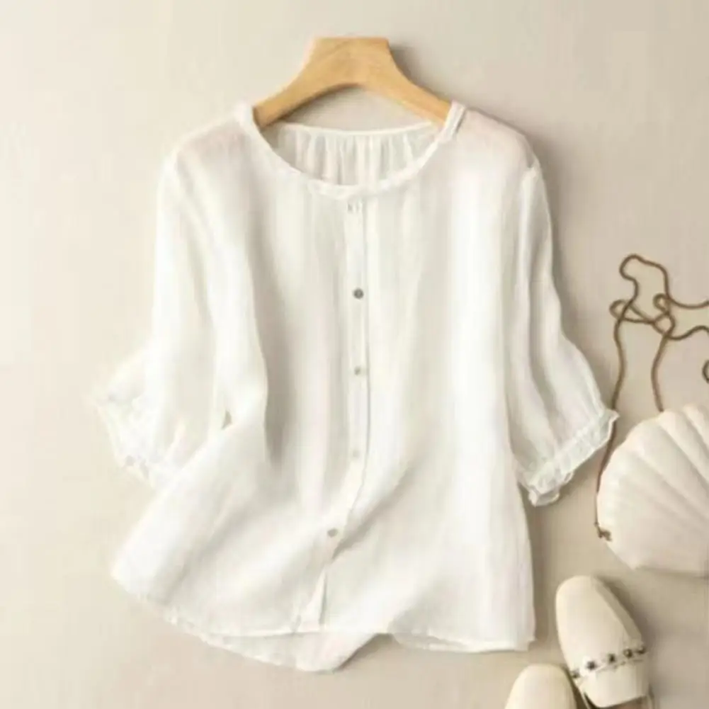 Lightweight Top Solid Color Ruffle Trim Three-quarter Sleeve Women's Blouse Loose Fit Round Neck Shirt with Button Detail Women