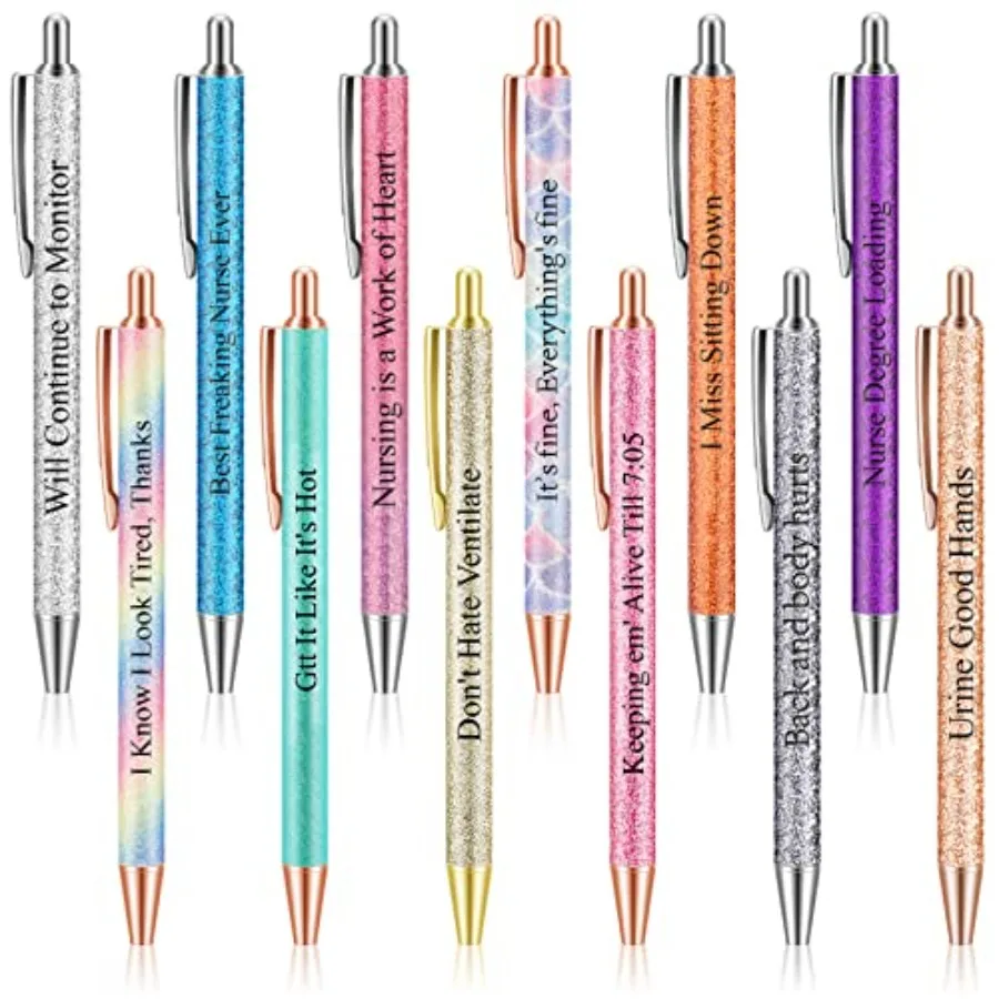 

Crtiin 12 Pcs Funny Nurse Pens Glitter Metal Pen for Nurse Teacher Appreciation Gifts Black Ink Ballpoint Pens Funny Gifts for