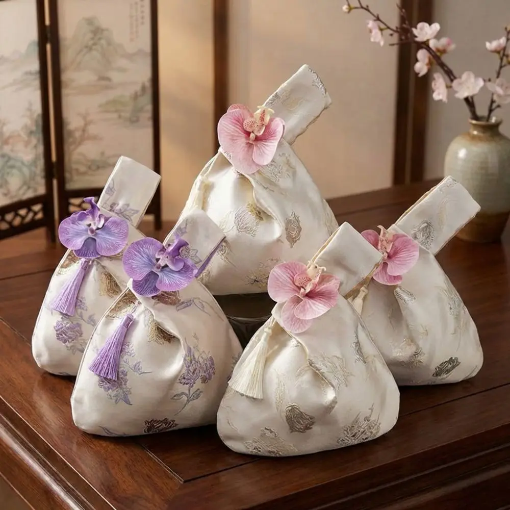 New Orchid Small Handbag Faux Silk Tassel Coin Purse Jacquard Chinese Retro Gift Bags Woman