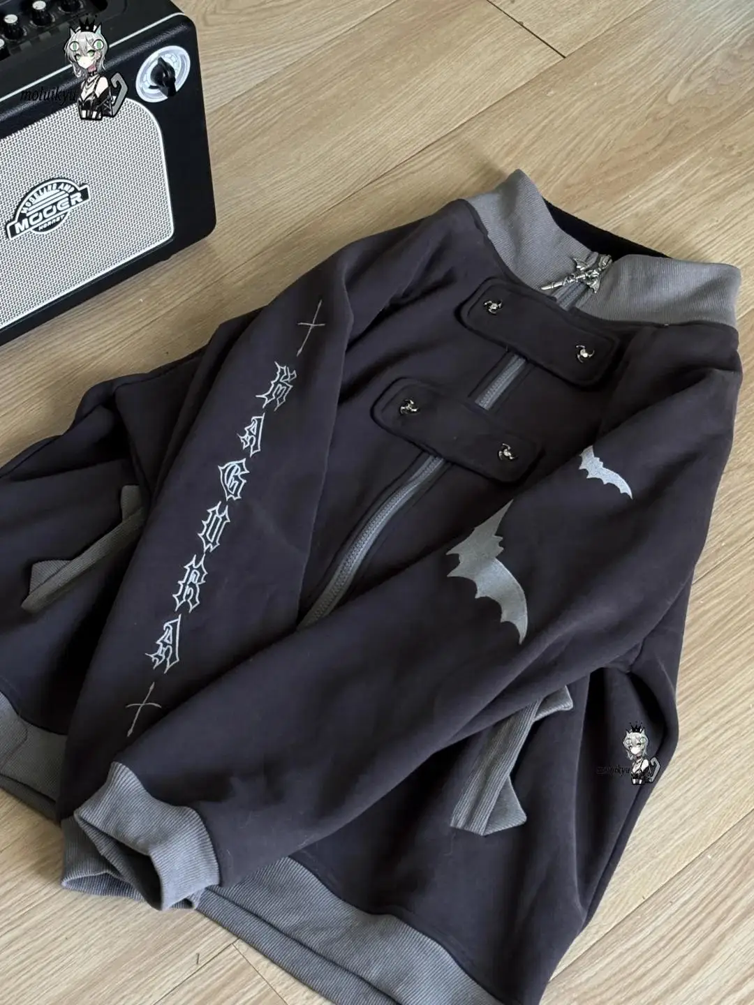 Y2K Gothic Zip Up Hoodie Women Bat Contrast Color Stand Collar Sweatshirt Dark Alt Streetwear Oversized Punk Aesthetic Jacket view 4